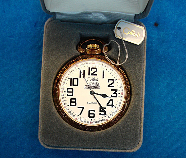 Vintage Colibri Train Pocket Watch - Antique Gold Tone, Open Face & Original Box