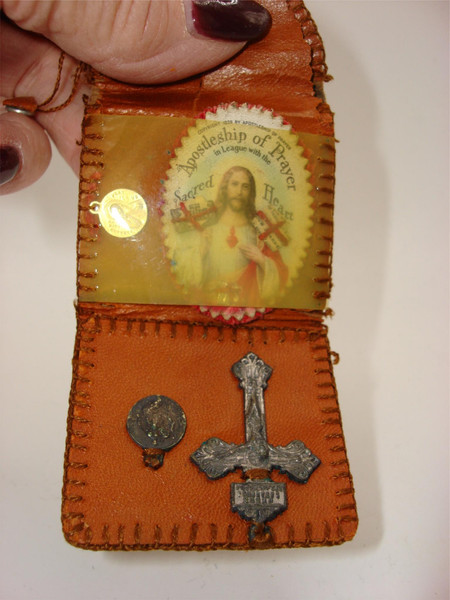 Vintage Leather Pocket Reliquary with Sacred Heart & Religious Medal - 1928