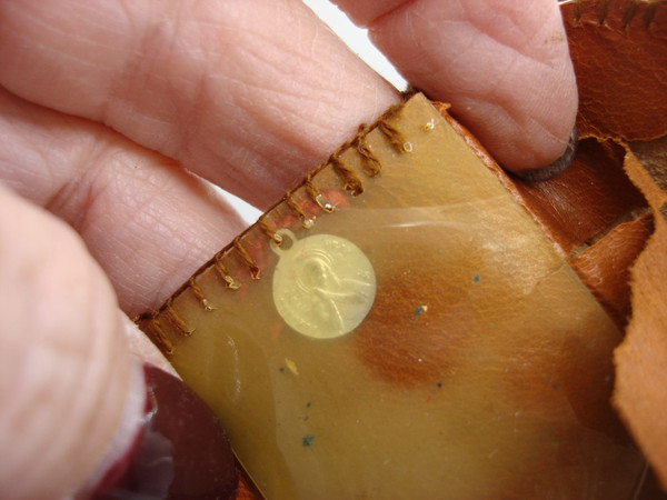Vintage Leather Pocket Reliquary with Sacred Heart & Religious Medal - 1928
