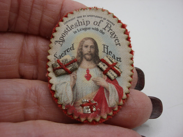 Vintage Leather Pocket Reliquary with Sacred Heart & Religious Medal - 1928