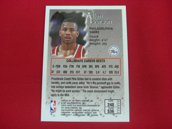 Allen Iverson Rookie Card 1996-97 Topps Finest Sterling #240 RC - Protective Coating