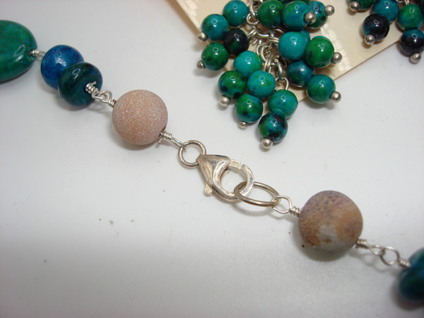 Vintage Sterling Silver Blue & Green Bead Necklace & Earrings Set (NOS)