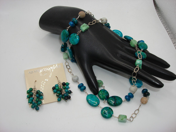 Vintage Sterling Silver Blue & Green Bead Necklace & Earrings Set (NOS)