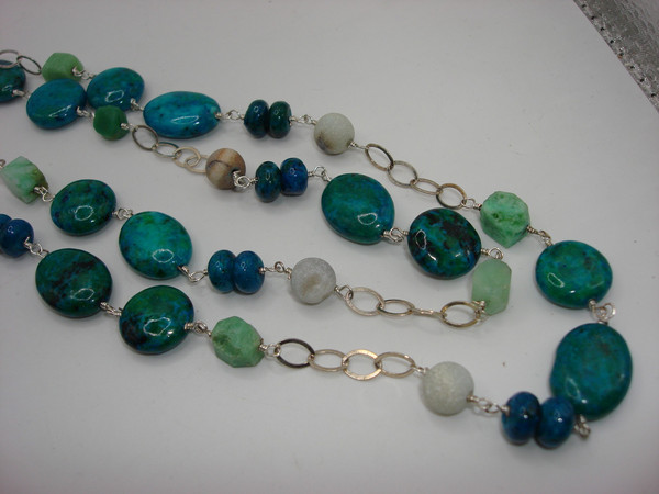 Vintage Sterling Silver Blue & Green Bead Necklace & Earrings Set (NOS)