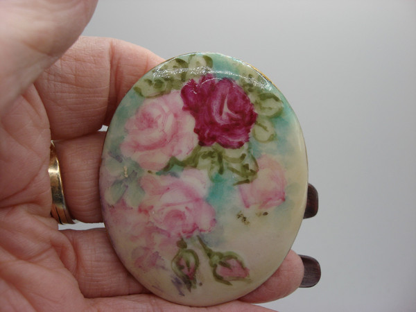 Vintage Signed Lora Arnold Hand-Painted Porcelain Rose Pin (1940s-50s)