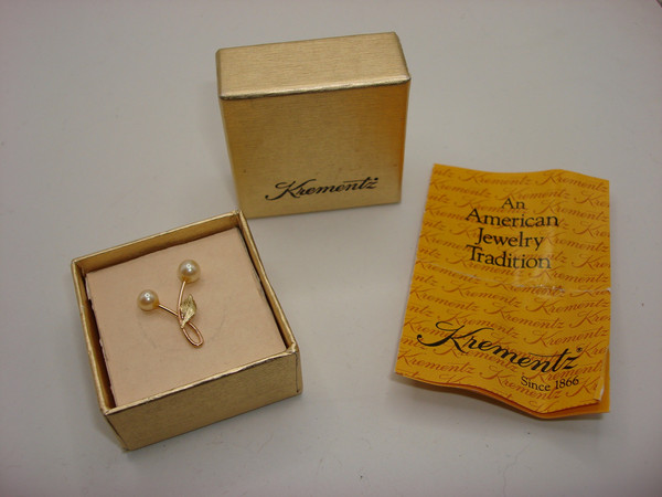 Vintage Krementz Gold Tone Faux Pearl Pin - Original Box & Pamphlet!
