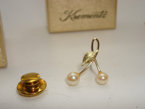 Vintage Krementz Gold Tone Faux Pearl Pin - Original Box & Pamphlet!