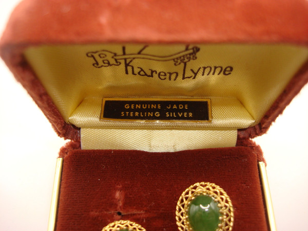 Vintage Karen Lynne Jade Vermeil Sterling Silver Earrings - Original Box