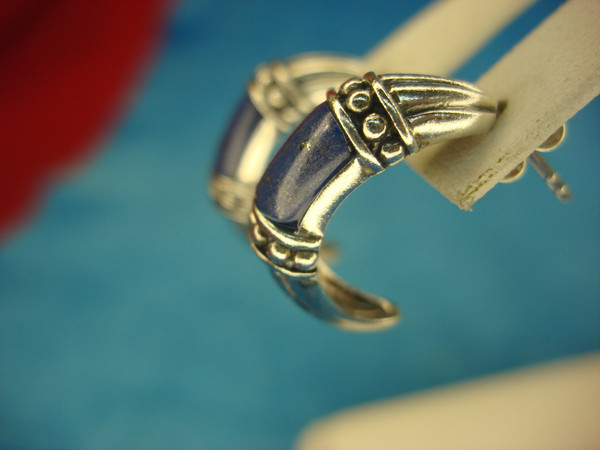 Sterling Silver Lapis Lazuli Half Hoop Stud Earrings - Heavy, Elegant Design