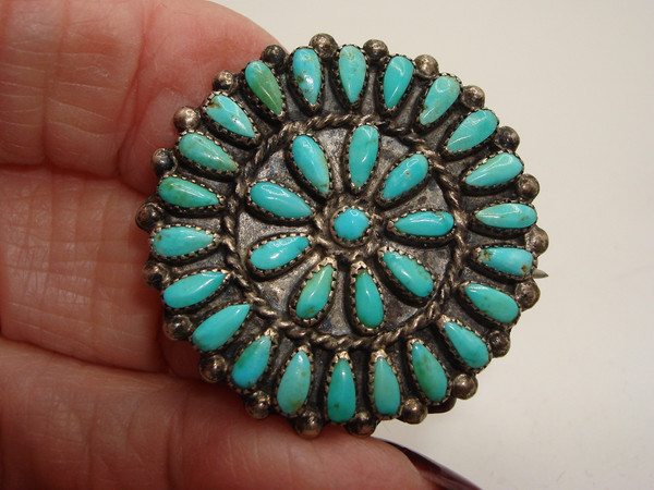 Vintage Zuni Turquoise Sterling Silver Brooch | Hand Cut Cabochons | Native American Jewelry