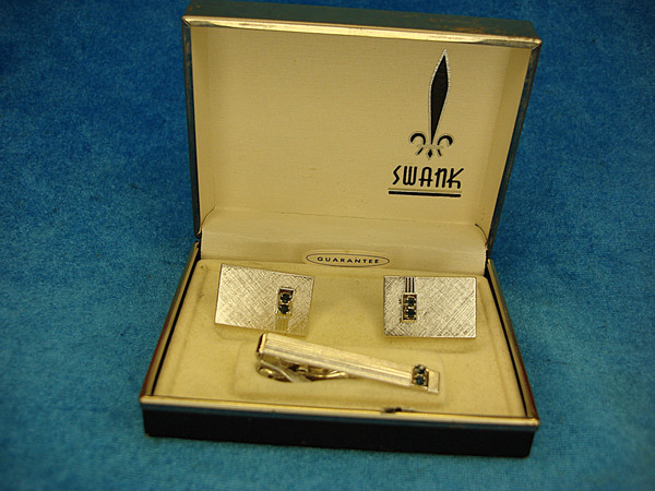 Vintage Swank Cufflinks & Tie Clip Set - Blue Stones, Original Box #503