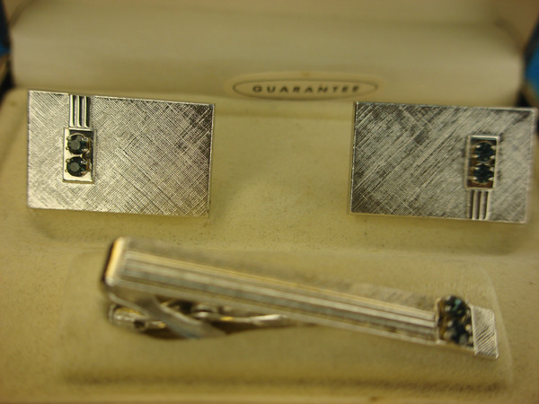 Vintage Swank Cufflinks & Tie Clip Set - Blue Stones, Original Box #503