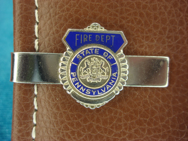 Vintage Pennsylvania Fire Dept. Tie Clip - Blue Enamel State Seal, Chrome - Hook-Fast #506