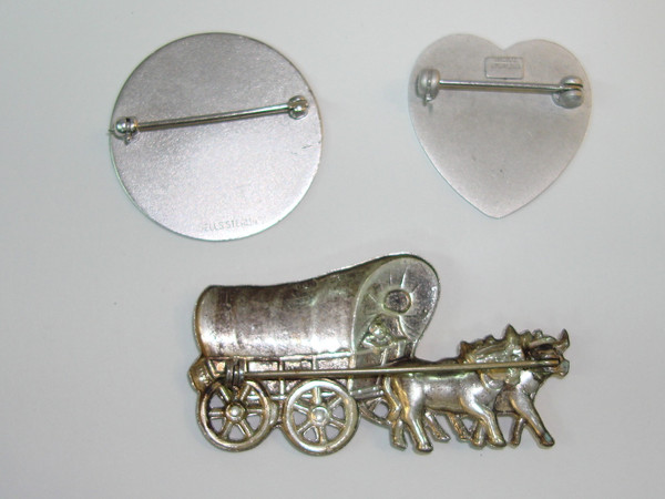 Vintage 1960s Sterling Silver Pin Set | Stagecoach, Heart & Record Designs