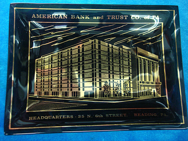 Vintage American Bank & Trust Co. Smoked Glass Tray - Reading, PA - Collectible Souvenir