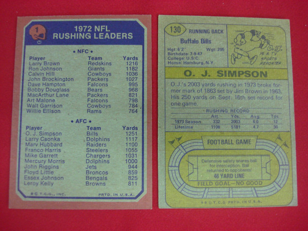 Vintage O.J. Simpson Football Cards (1973 Topps Rushing Leaders & 1974 Topps Bills) - Collectible Lot