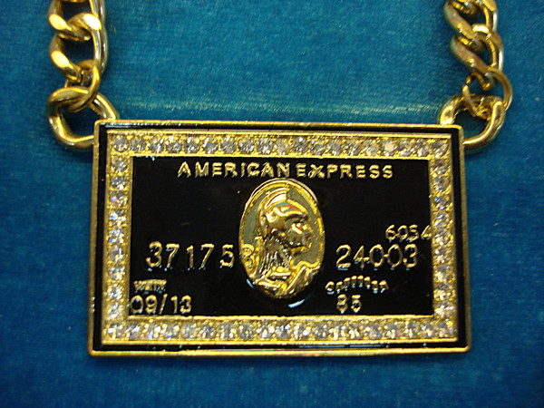 Heavy Gold Tone Necklace with Simulated AMEX Card & Diamonds - Statement Piece