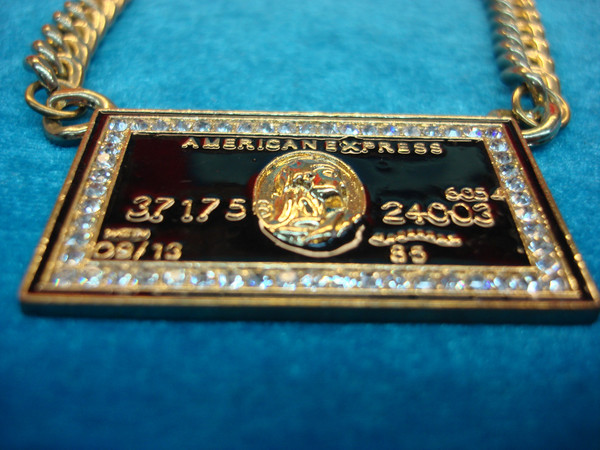 Heavy Gold Tone Necklace with Simulated AMEX Card & Diamonds - Statement Piece