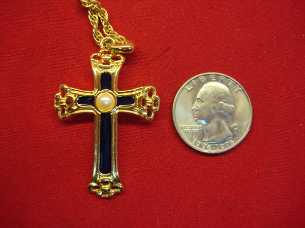 Limited Edition 1994 Gold Tone Cross Necklace w/Enamel & Pearl - 24