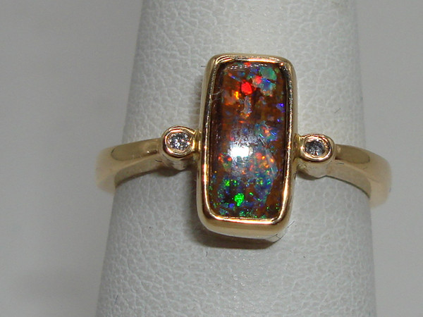 Fiery Australian Boulder Opal & Diamond Ring in 14K Gold (Size 6)