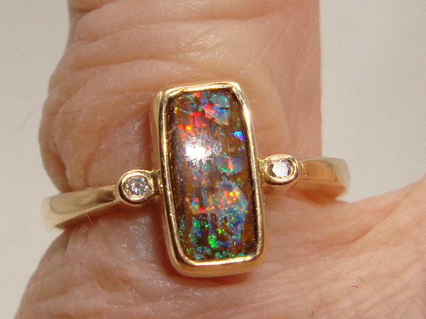 Fiery Australian Boulder Opal & Diamond Ring in 14K Gold (Size 6)