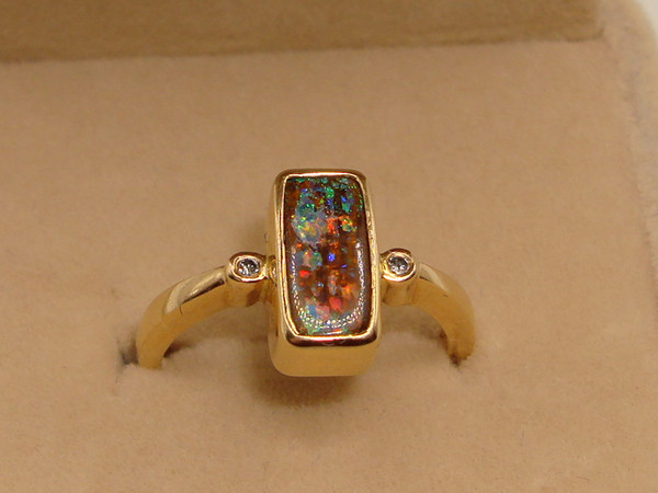 Fiery Australian Boulder Opal & Diamond Ring in 14K Gold (Size 6)