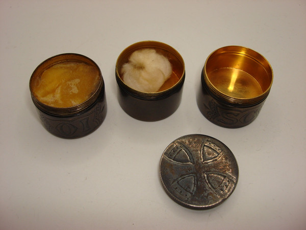 Antique Sterling Silver Chrismatory Set with Leather Pouch - Catholic Holy Oil Container