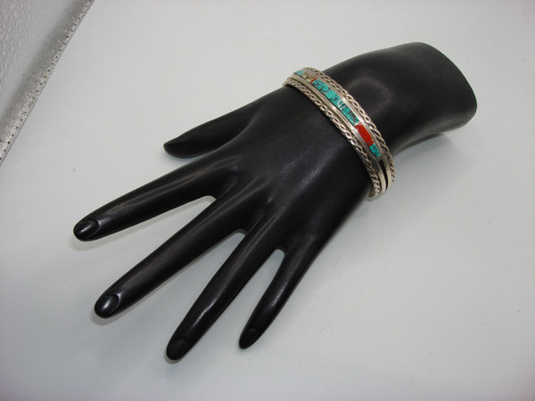 Vintage Native American Sterling Silver Cuff Bracelet, Turquoise & Coral Inlay (WM Signed)