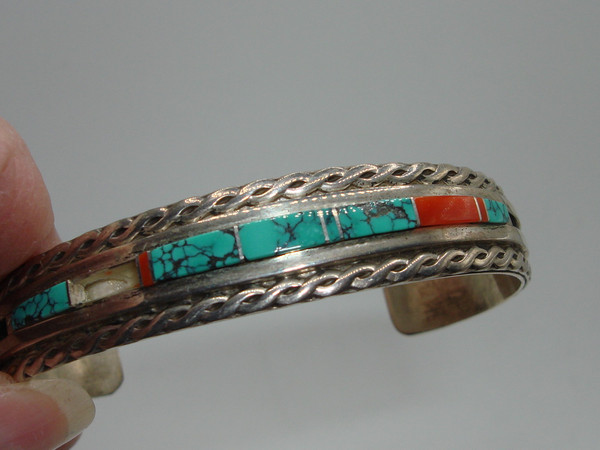 Vintage Native American Sterling Silver Cuff Bracelet, Turquoise & Coral Inlay (WM Signed)