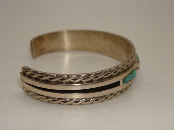 Vintage Native American Sterling Silver Cuff Bracelet, Turquoise & Coral Inlay (WM Signed)