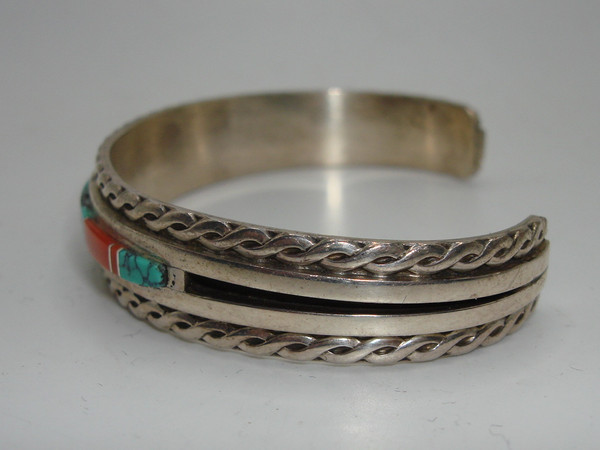 Vintage Native American Sterling Silver Cuff Bracelet, Turquoise & Coral Inlay (WM Signed)