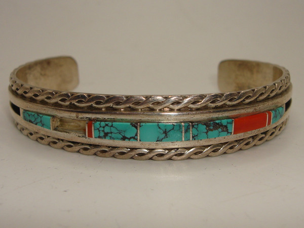 Vintage Native American Sterling Silver Cuff Bracelet, Turquoise & Coral Inlay (WM Signed)