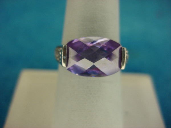 Sterling Silver Ring with Domed Purple Stone & CZ Accents - Size 8