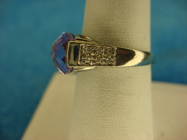 Sterling Silver Ring with Domed Purple Stone & CZ Accents - Size 8