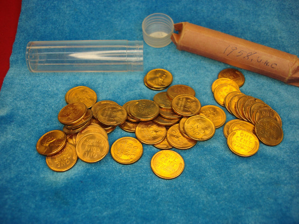 1958 Red Lincoln Wheat Cents Roll (50 Coins) - UNC, Original Wrapper