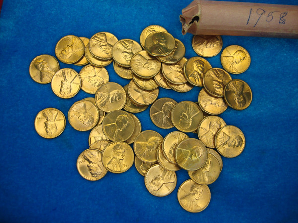 1958 Red Lincoln Wheat Cents Roll (50 Coins) - UNC, Original Wrapper