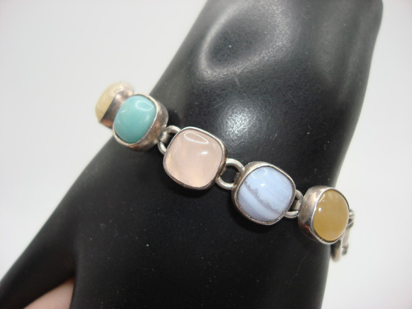 Vintage Sterling Silver Gemstone Bracelet | Chalcedony, Agate & Moonstone | 7.5