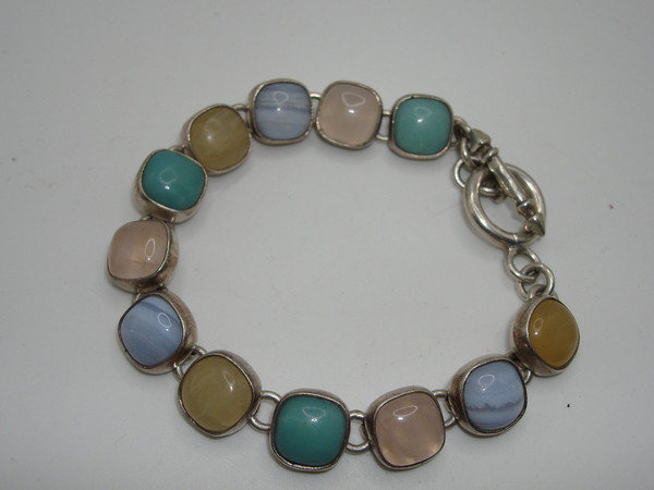 Vintage Sterling Silver Gemstone Bracelet | Chalcedony, Agate & Moonstone | 7.5