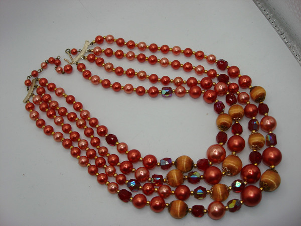 Vintage 1960s Japanese Multi-Strand Bead Necklace - Orange & Red, Adjustable
