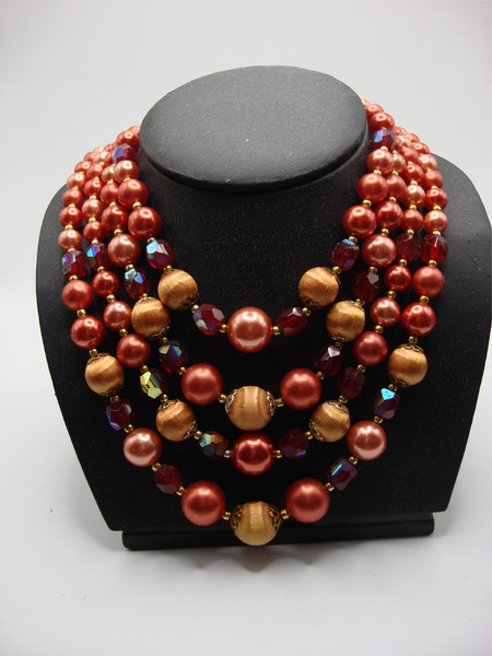 Vintage 1960s Japanese Multi-Strand Bead Necklace - Orange & Red, Adjustable