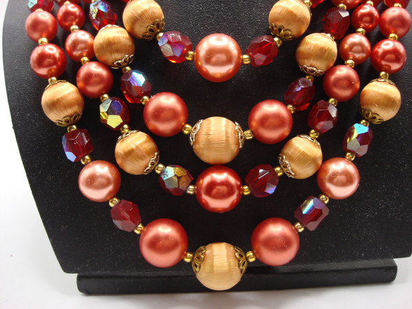 Vintage 1960s Japanese Multi-Strand Bead Necklace - Orange & Red, Adjustable