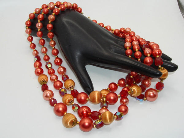 Vintage 1960s Japanese Multi-Strand Bead Necklace - Orange & Red, Adjustable