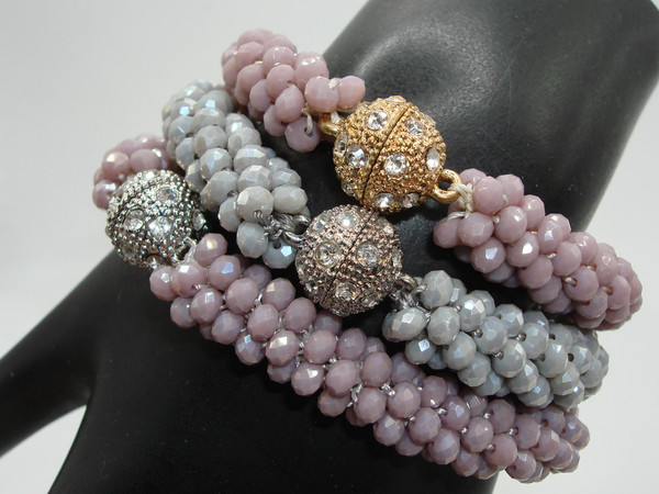 Set of 3 Lavender & Gray Bracelets - Rhinestone Magnetic Clasps - Vintage Jewelry