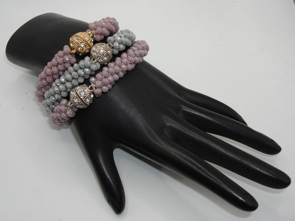 Set of 3 Lavender & Gray Bracelets - Rhinestone Magnetic Clasps - Vintage Jewelry