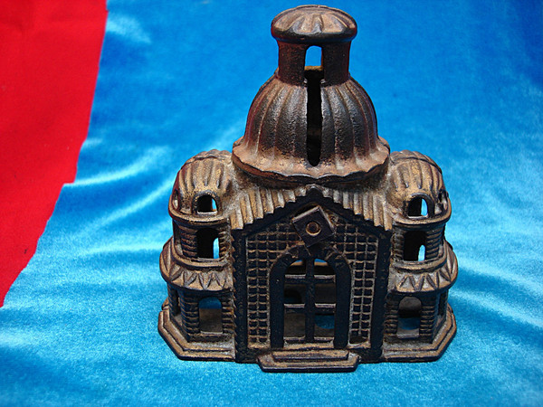 Vintage A.C. Williams Cast Iron Mosque Still Bank - Gold Wash, Excellent Condition