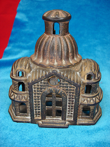Vintage A.C. Williams Cast Iron Mosque Still Bank - Gold Wash, Excellent Condition