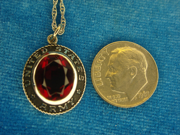 Vintage Crest-Craft Sterling Silver US Army Pendant Charm w/ Red Stone & Chain