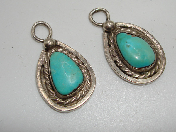 Vintage Navajo Sterling Silver Turquoise Teardrop Charms - Pair