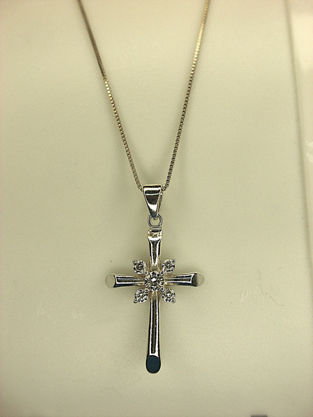Sterling Silver Cross Necklace with Cubic Zirconia - 18