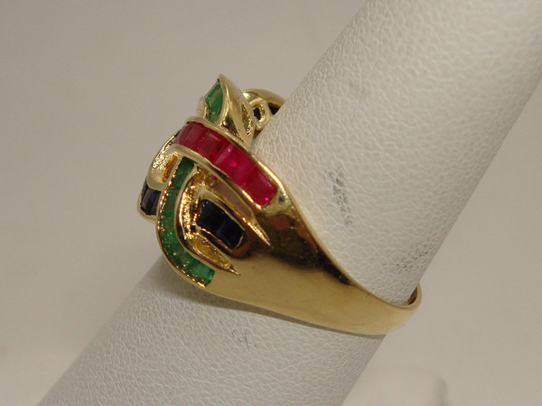 Vintage 14K Gold Sapphire, Emerald & Ruby Ring (Size 7)